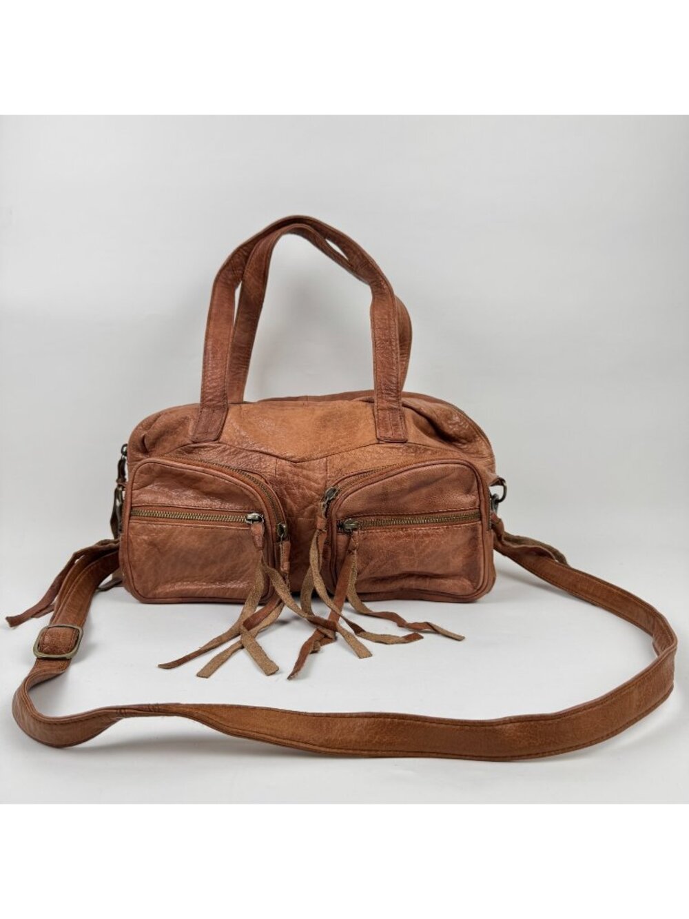 Day & Mood Vera Satchel Leather Crossbody Bag Cognac Brown Multi Pocket